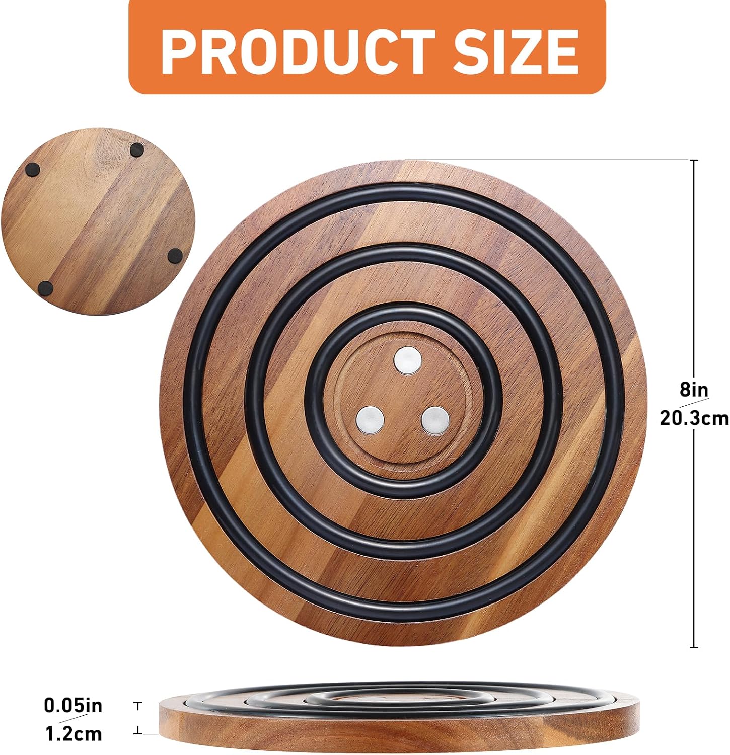 2 Pcs Magnetic Wooden Trivets, Acacia Wood with Black Silicone Rings, Magnetic Pot Holder for Le Creuset Enameled Cast