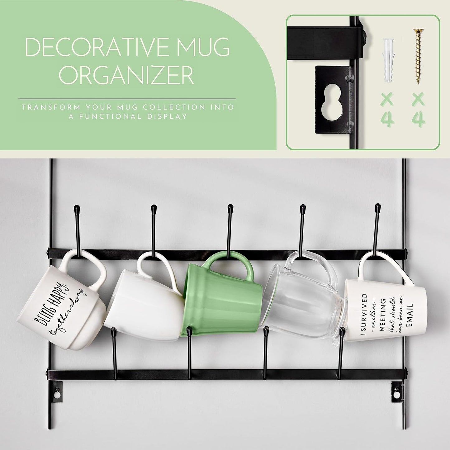 Sorbus Wall Mug Rack, Coffee Mug Display for Coffee Station (Large, Black) | Rustic six-tier metal holder with hooks