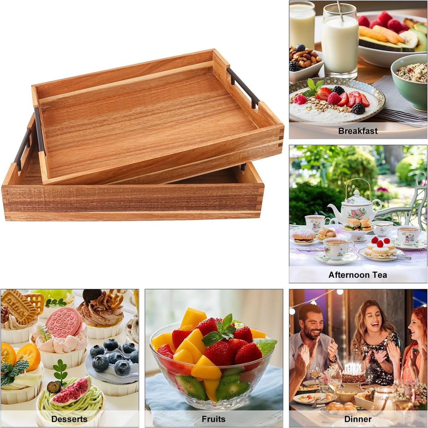 Acacia Wood Serving Tray / 13 x 17 / Black / Set of 2