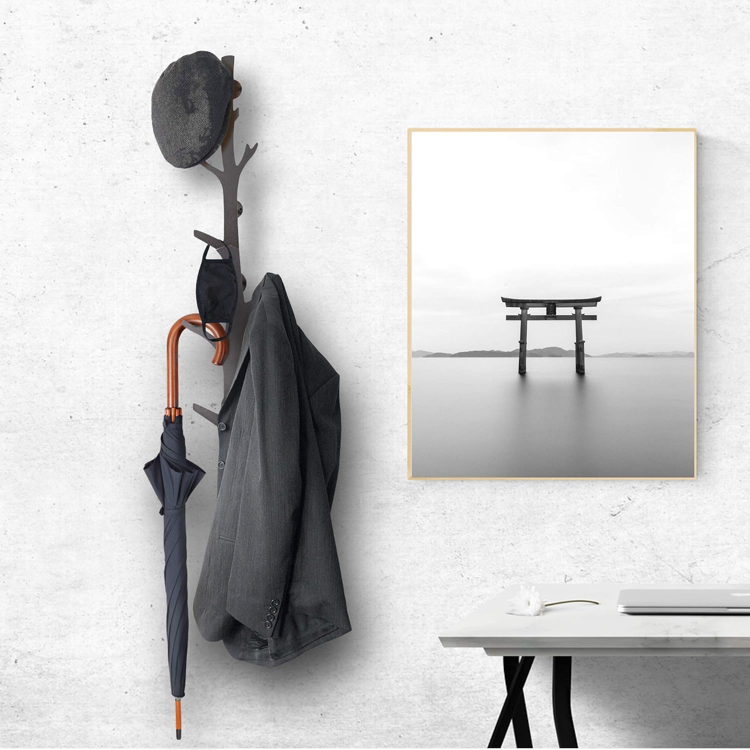 Tree Branch Coat & Hat Rack Wall Mount with 8 Vertical Hooks for Caps, Coats, Purse & More Modern Storage Dog Leash