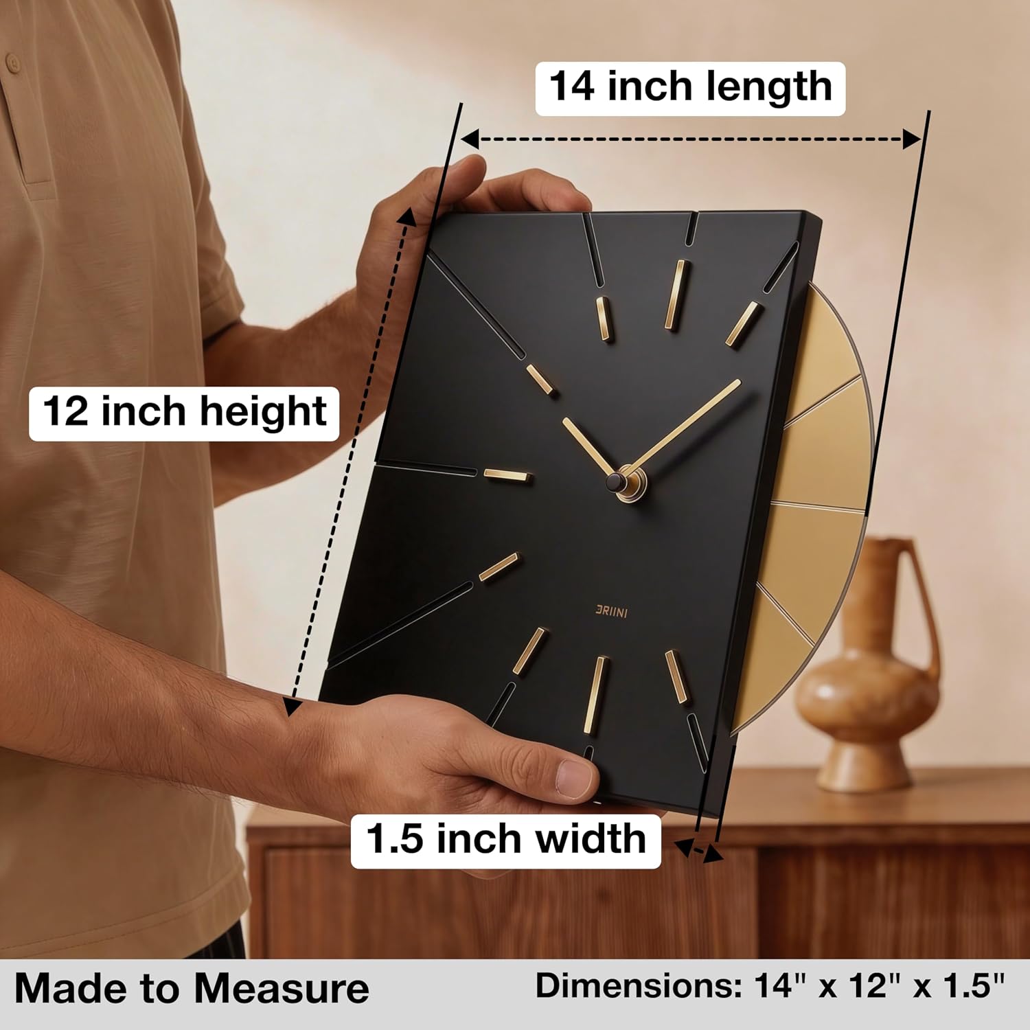 Driini Clocks Mid Century Modern Wall Clock - Square Black Clock with Decorative Gold Accent- Unique and Cool Clock