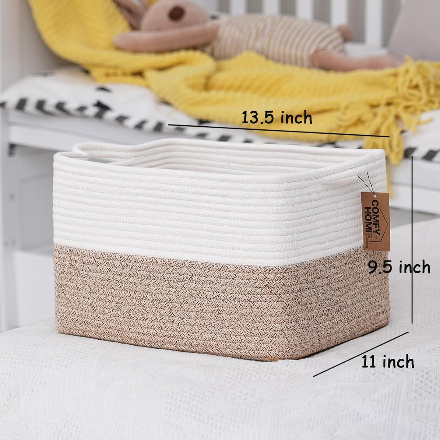 Cotton Rope Woven Basket / 13.5 x 11 x 9.5 / White/brown