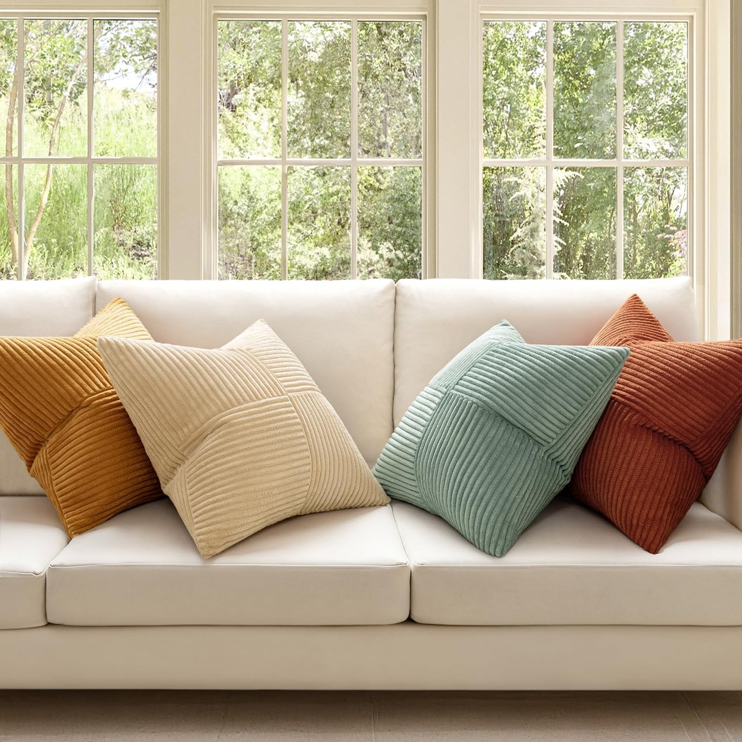 Decorative Throw Pillow Covers Boho Corduroy Striped Cushion / 18 x 18 / Teal Orange / Set of 4