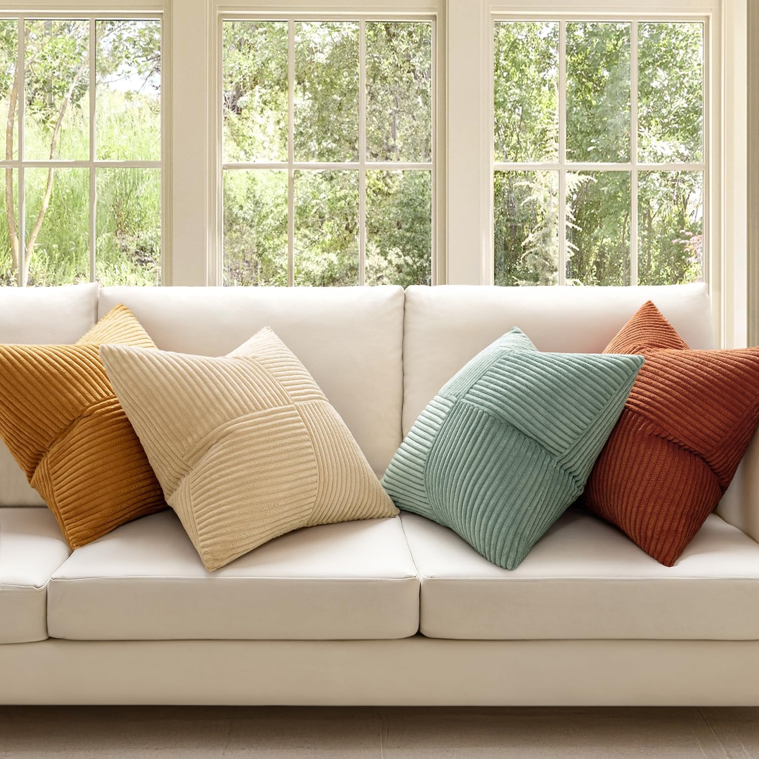 Decorative Throw Pillow Covers Boho Corduroy Striped Cushion / 18 x 18 / Teal Orange / Set of 4