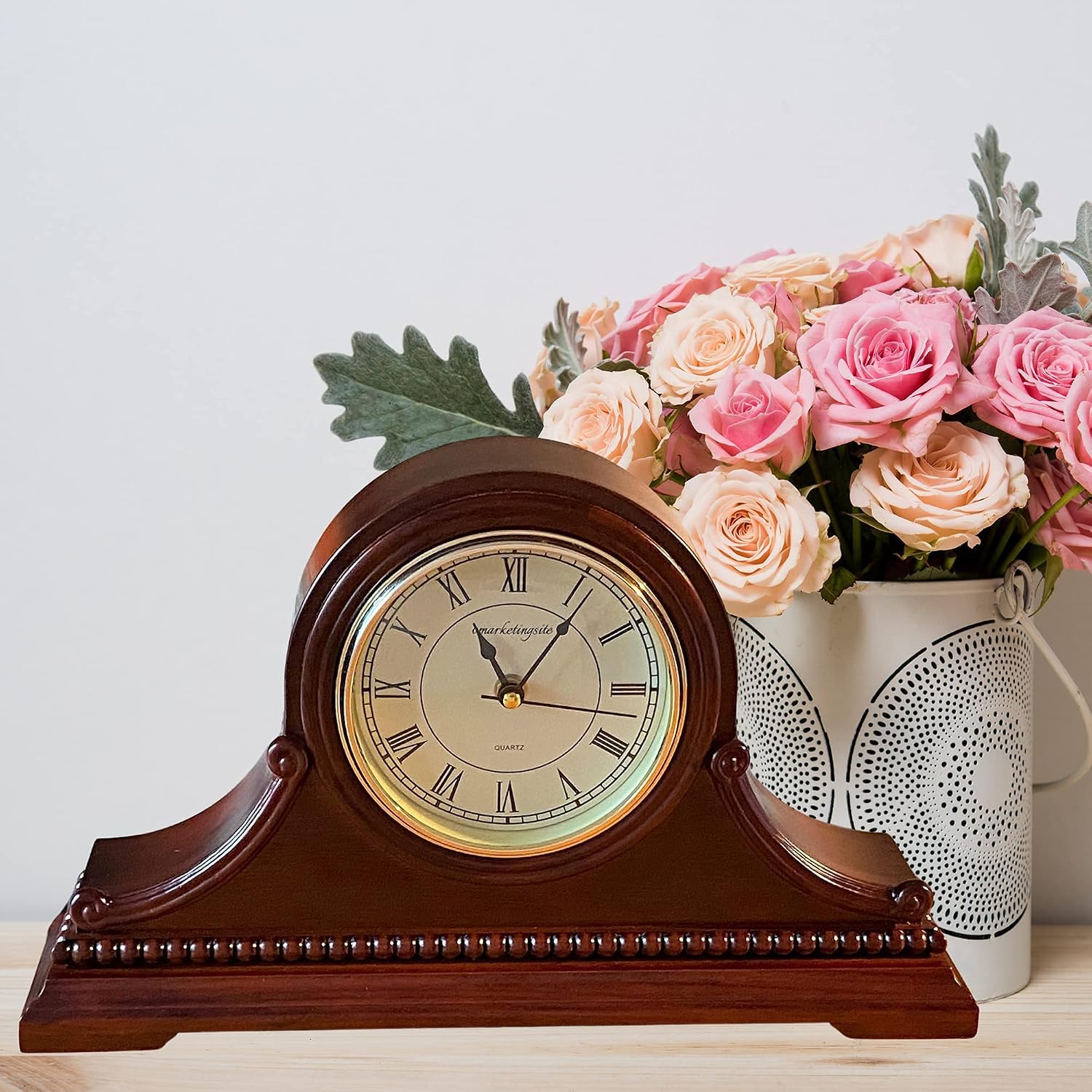 Mantel Clocks, Battery Operated, Silent Wood Table Clock with Westminster Chimes On The Hour, Solid Wooden Shelf
