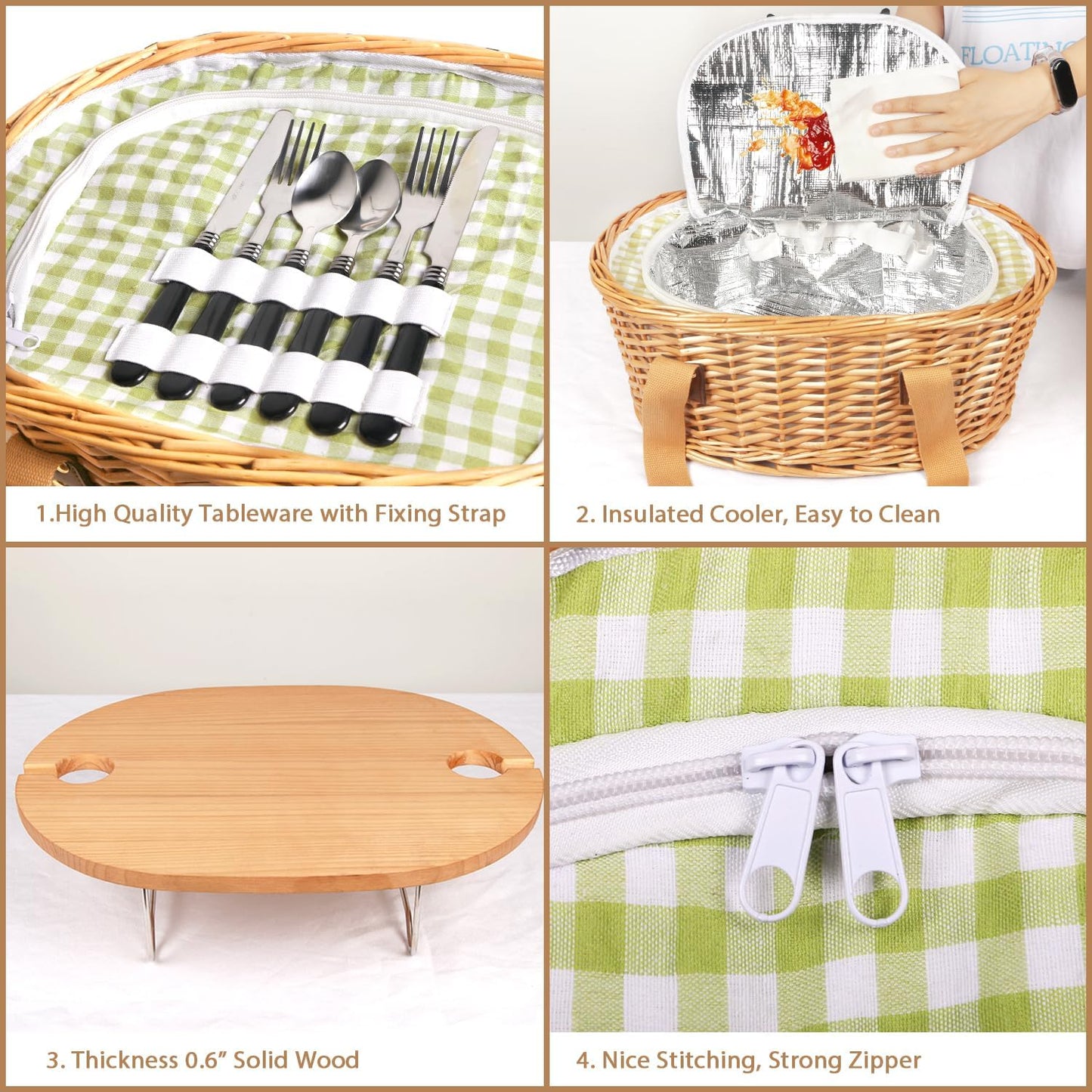 Wicker Picnic Basket Set for 2 / 2 Person / Green