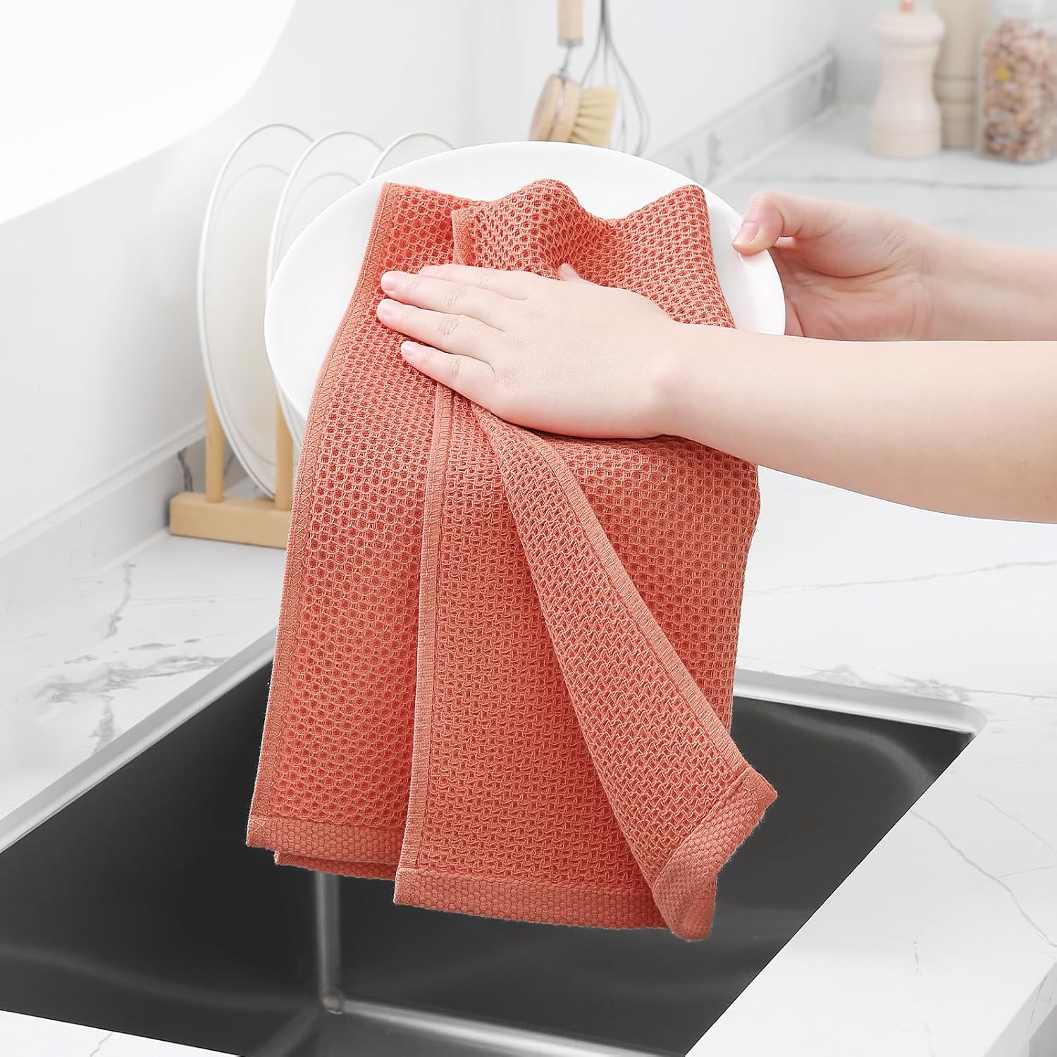 Homaxy 100% Cotton Waffle Weave Kitchen Dish Towels 6-Pack, Coral | 13 x 28 Inches, Ultra Soft Absorbent Dish Towels