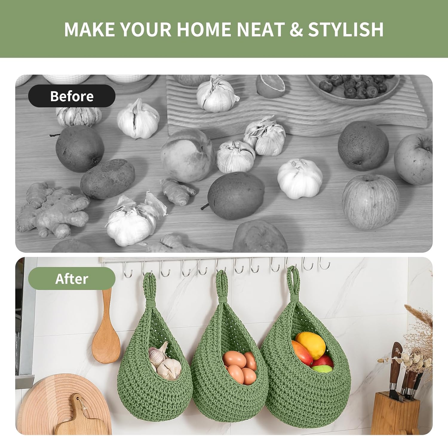 Boho Wall Hanging Fruit Baskets / Green / Set of 6