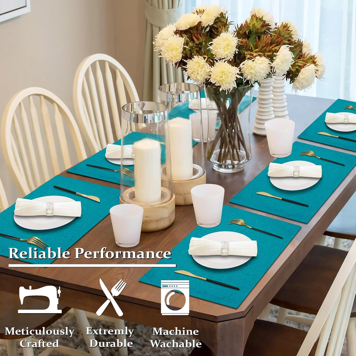 Cloth Placemats Set of 6, Cotton Linen Blend Place Mats, Teal | Machine Washable, Double Layered, Heat Resistant