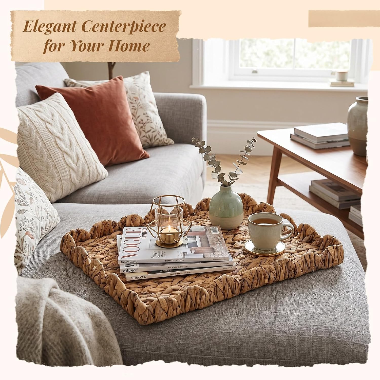 Scalloped Tray " Large Rectangle Woven Decorative Serving Tray / Water Hyacinth / 24 x 18 x 2.4