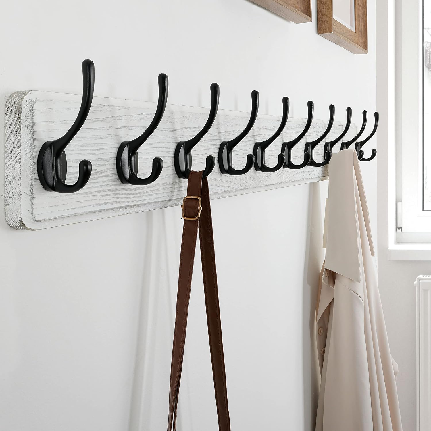 SKOLOO Farmhouse Style Large Wall Mounted Coat Rack-38.6'' Long, Pine Solid Wood Coat Hook Hanger - 10 Hooks for