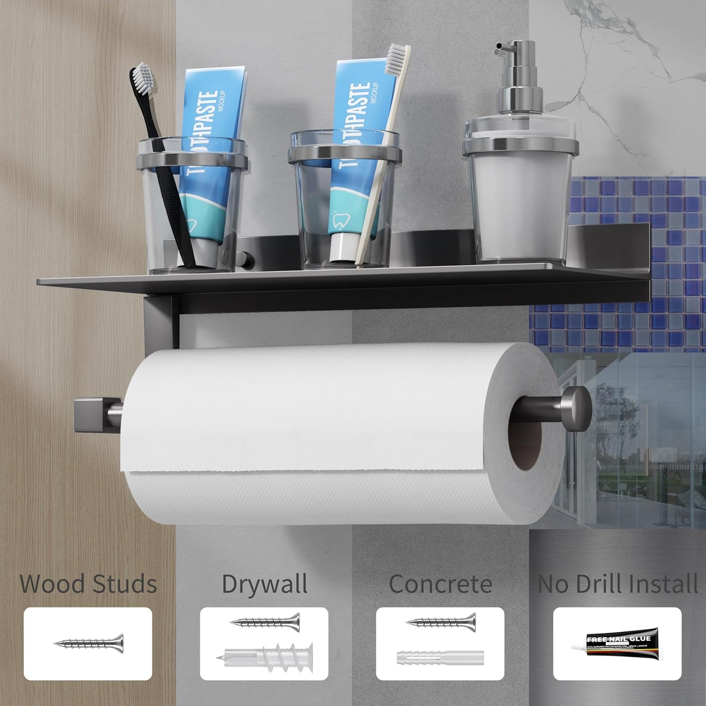 Kitchen Paper Towel Holder with Shelf Wall Mount, Adhesive Hand Towel Holder for Bathroom, Matte Grey