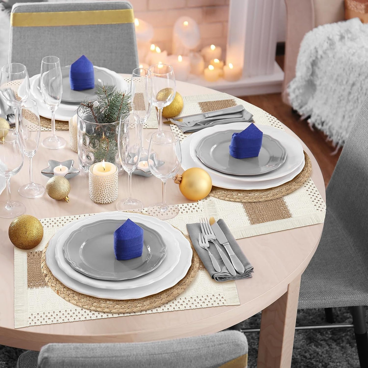 ADRIMER 12 Pcs Placemats, 6 Pcs Natural Cotton Burlap Place Mats and 6 Pcs Rattan Wicker Braided Table Mats, Farmhouse