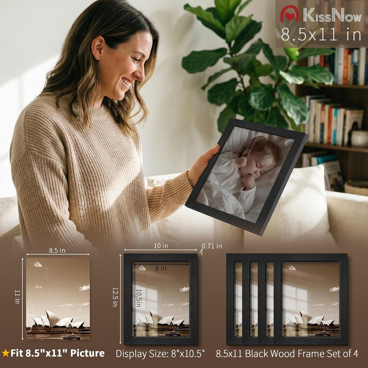 8.5 by 11 Picture Frame 4 Pack, Black Solid Wood Glass Photo Frame | Tempered Glass, Thick & Wide Border, Vertical or