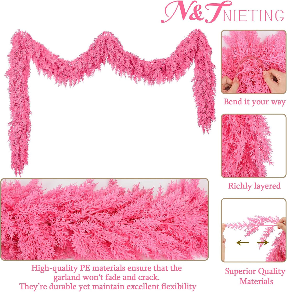 9Ft Christmas Cedar Garland,Pink Real Touch Soft Christmas Decorations | Realistic Thick Full Lush Artificial Garland