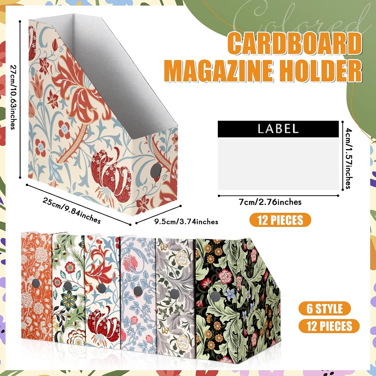 PerKoop 12 Pcs Decorative Magazine File Holders Floral Foldable File Folders Magazine Storage Boxes Rack Desk Organizer