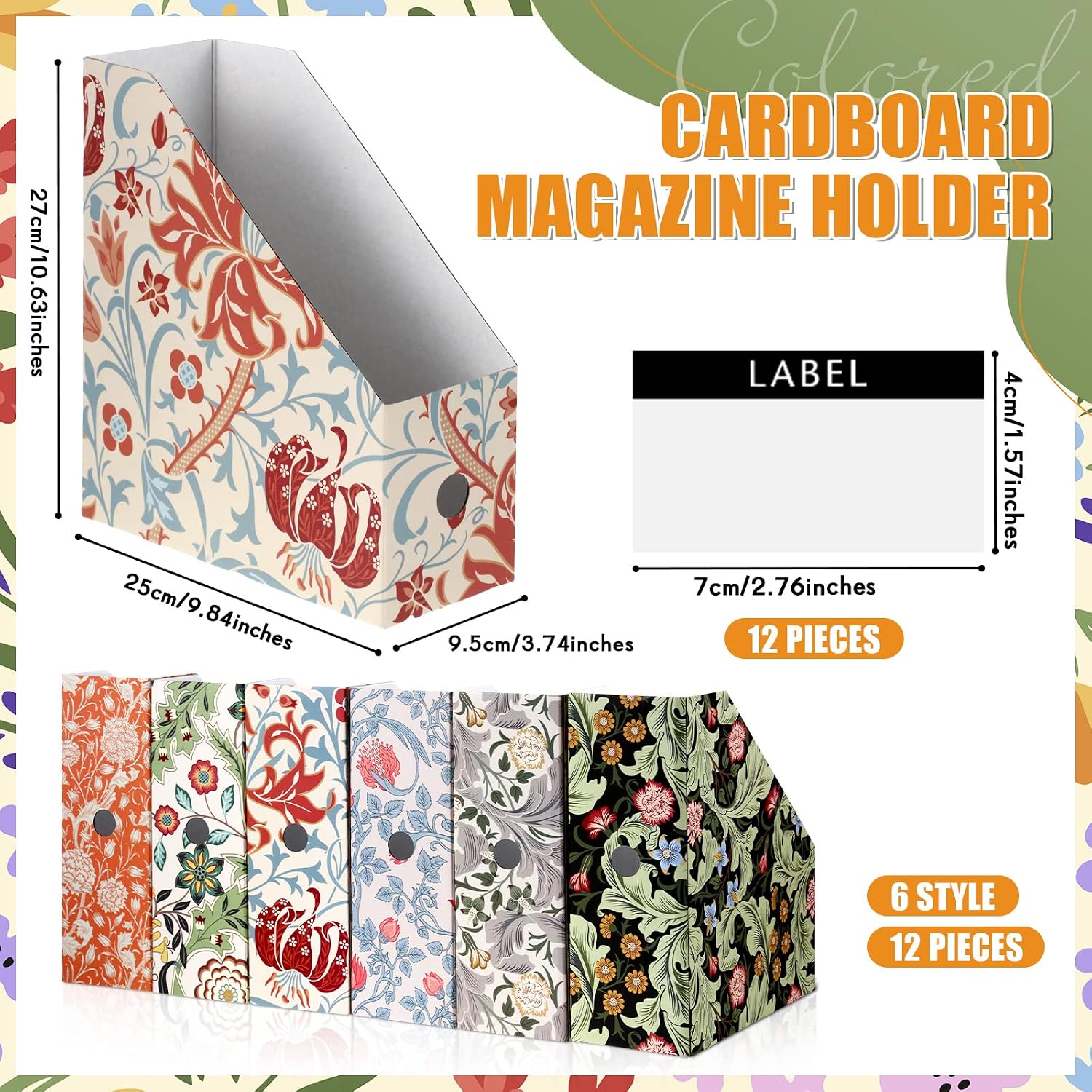 PerKoop 12 Pcs Decorative Magazine File Holders Floral Foldable File Folders Magazine Storage Boxes Rack Desk Organizer