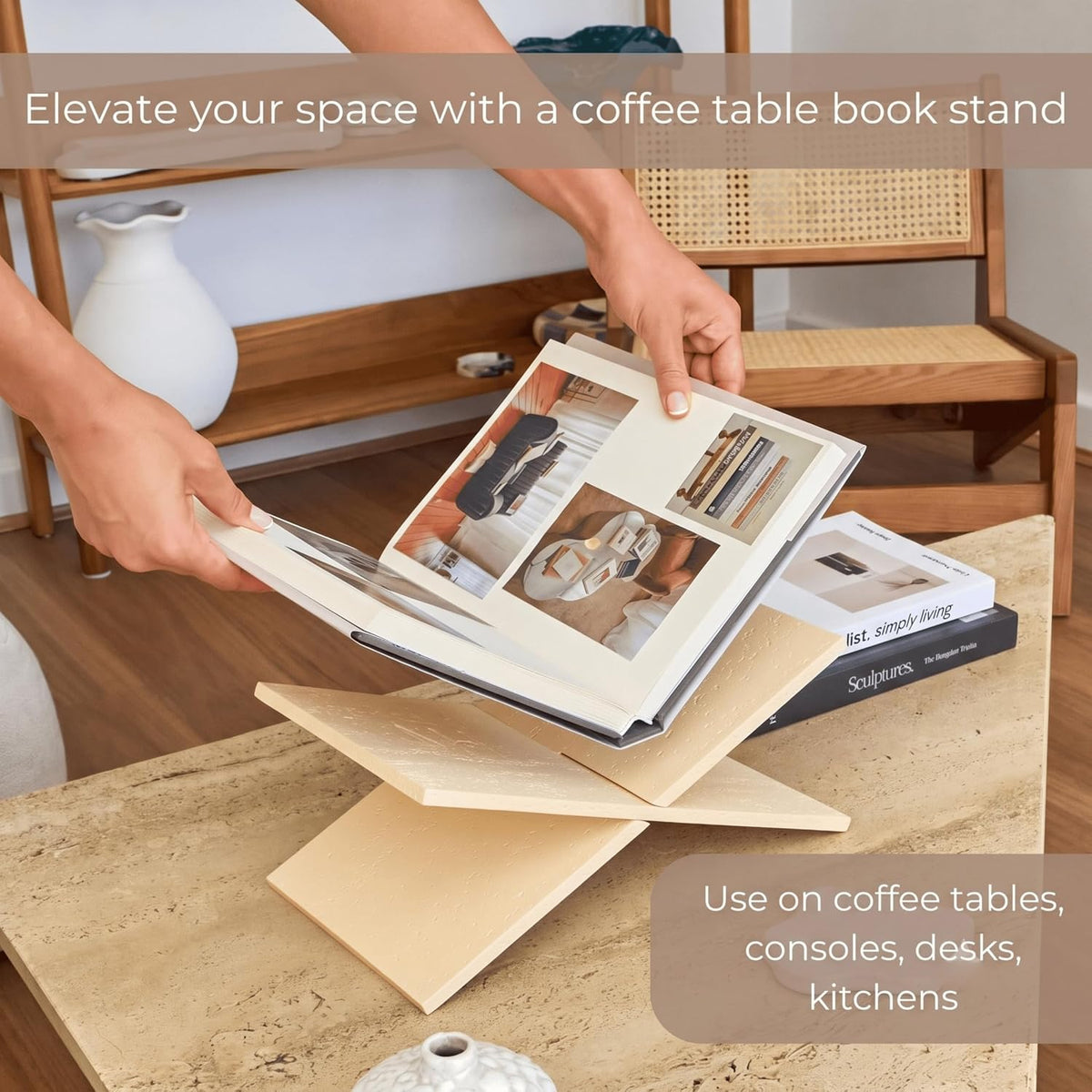 Book Stand Resin Stone Finish Book Holder for Recipe Book Display Stand, Coffee Table Books, 2 Pieces Slot Together