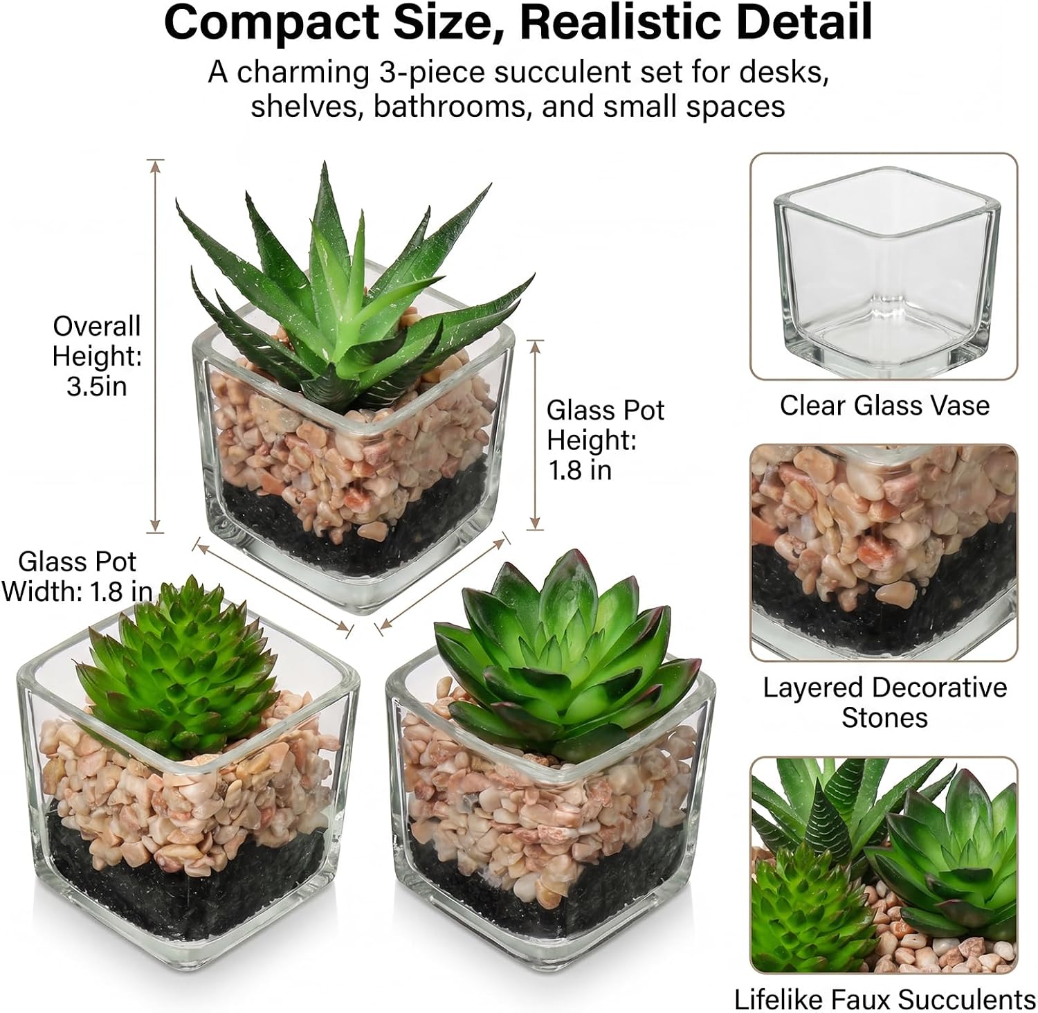 Succulents Plants Artificial in Glass Pots Small Fake Succulents Plants / Succulents #01 / Set of 3