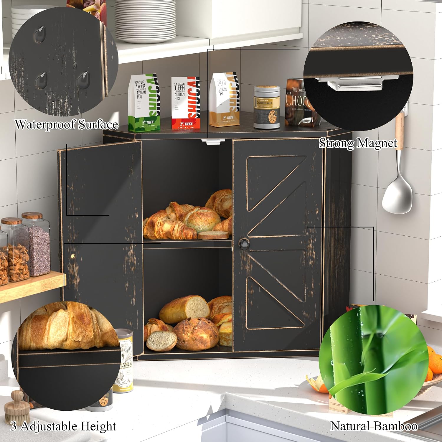 Corner Bread Box for Kitchen Countertop, Storage Container for Homemade Bread, Double Layer BreadBox, Large Capacity