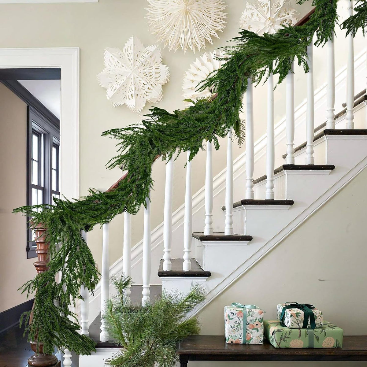 2Pcs 9FT Artificial Norfolk Pine Garland, Real Touch Christmas Garlands | Realistic Faux Greenery Soft Textured Winter