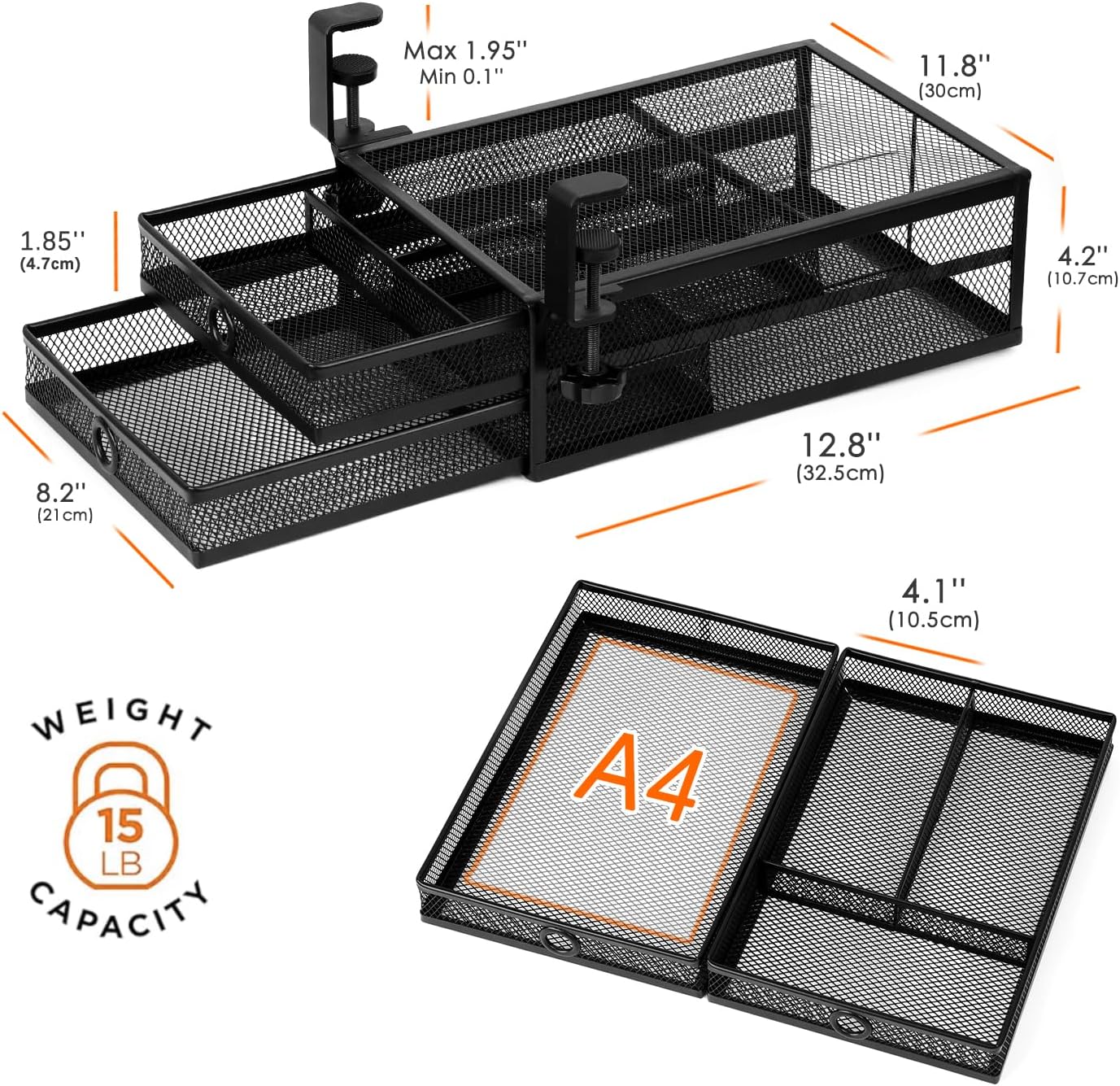 Under Desk Drawer, Clamp on Desk Organizer Slide Out Table Storage No Drill | 2Tier Under desk drawer: clamp on desk