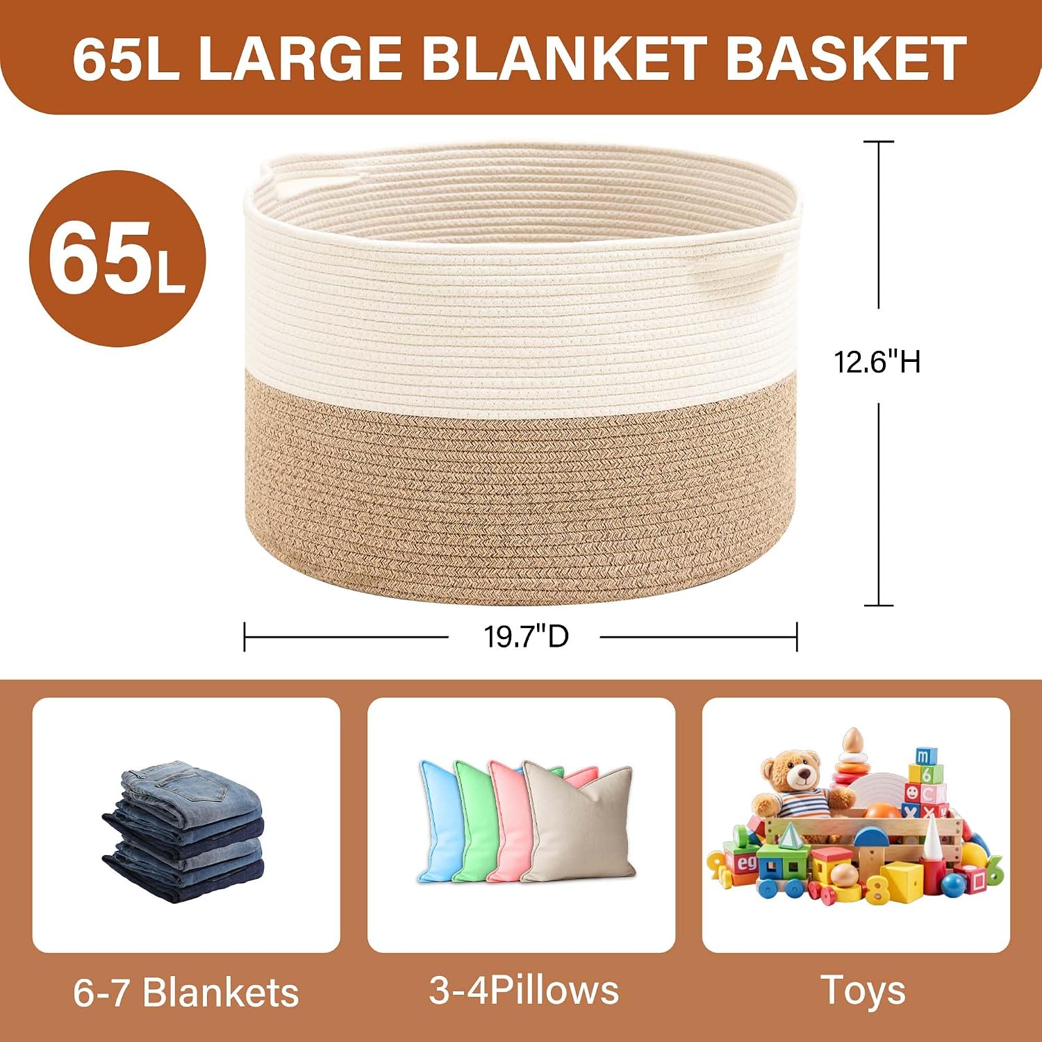 Collapsible Handle Cotton Rope Soft Woven Fabric Storage Organizer Clothes / White & Brown / 65L