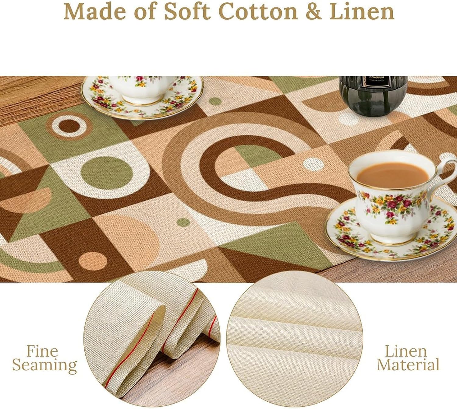 Mid Century Kitchen Table Runner,Abstract Aesthetic Geometric Mid Century Retro Modern Patterns Printed Linen Table