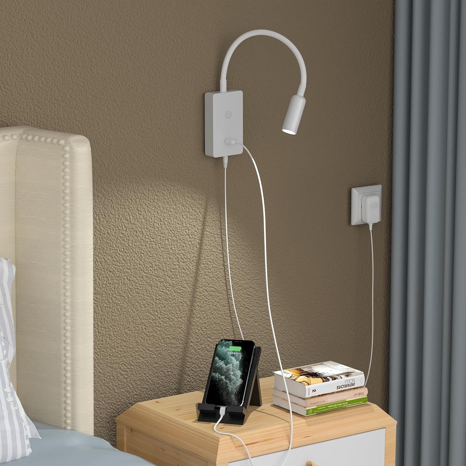 LED Wall Mounted Bedside Reading Light, Touch Dimmable Spot Lamp for Bedroom Headboard Light with 5V2A USB Port