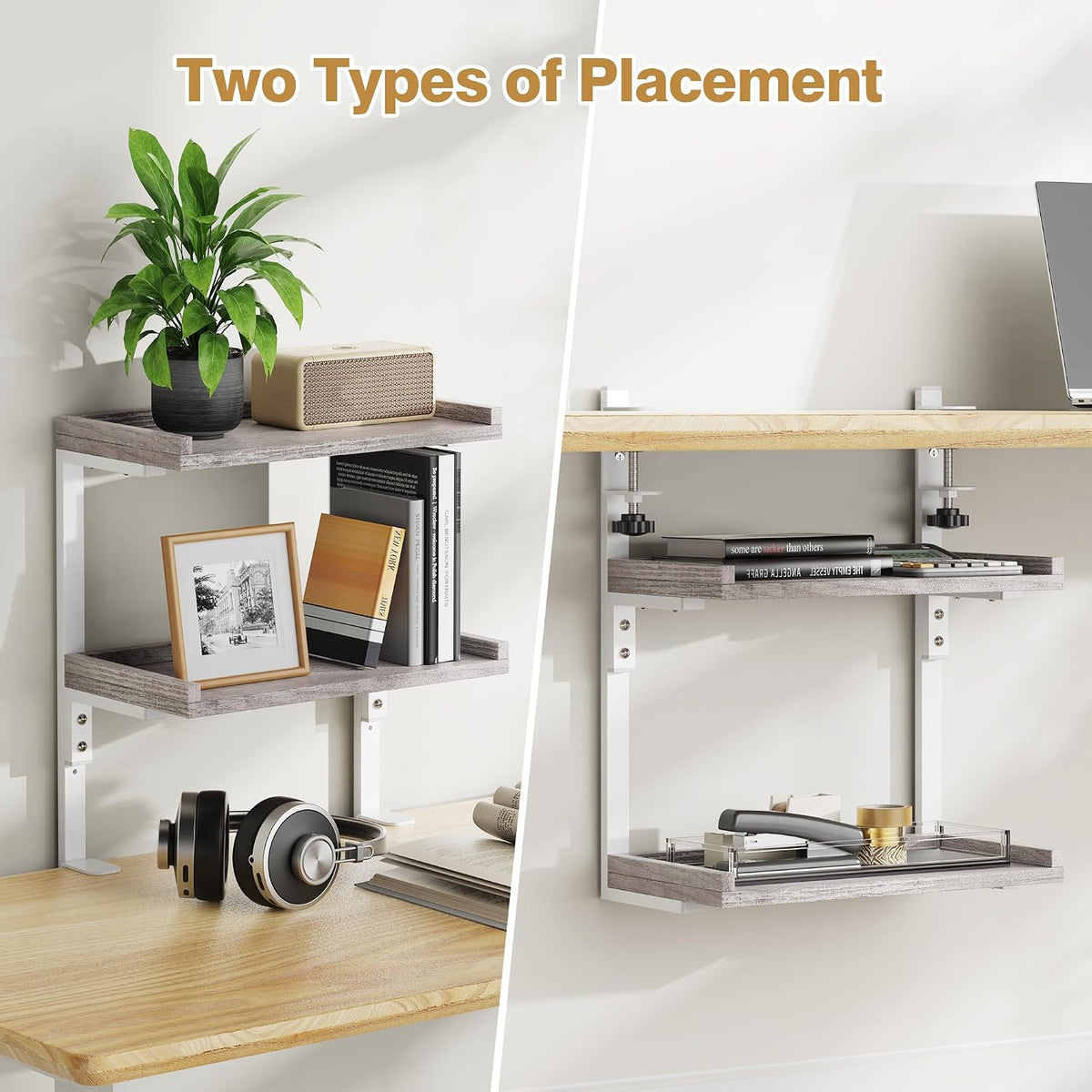 Clamp On Desk Shelf 2-Tier, Wood Shelving Unit for Office Desk/Gaming Accessories, Tabletop Book Storage Rack, Shelf