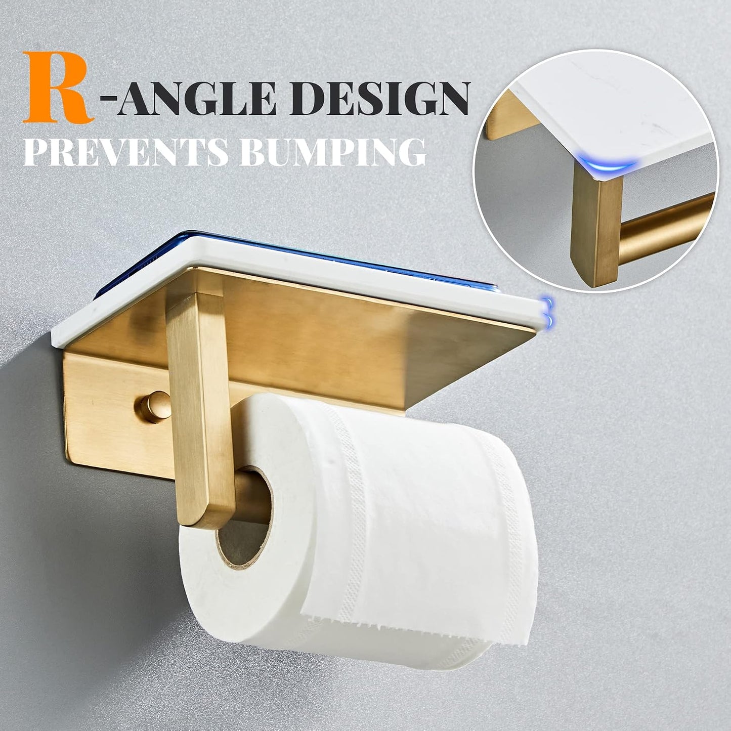 Brushed Gold Toilet Paper Holder with Marble-Look Shelf, Wall Mounted SUS304 Stainless Steel Toilet Roll Holder with