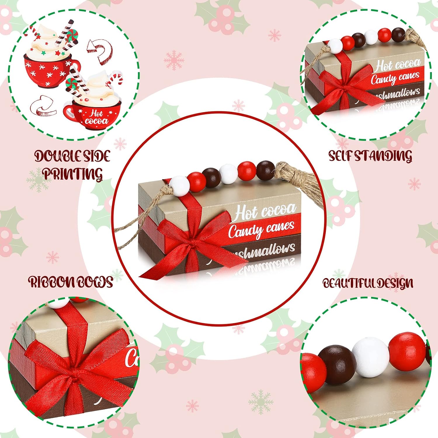 Christmas Farmhouse Tiered Tray Decor Winter Hot Cocoa Wood Decorative Stack Book Decor / Set of 5