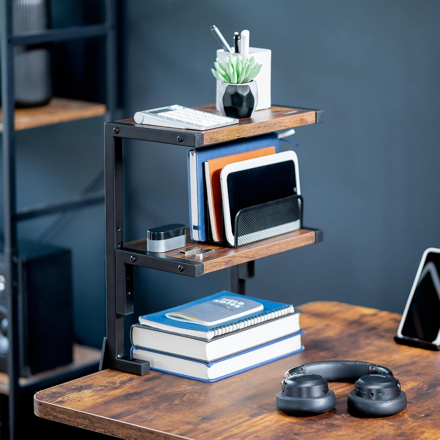 VIVO Vintage Brown Clamp-on 13 inch 2-Tier Desk Shelf, STAND-SHELF2C-N | Above or Below Desk, Rustic 2 Level Shelving