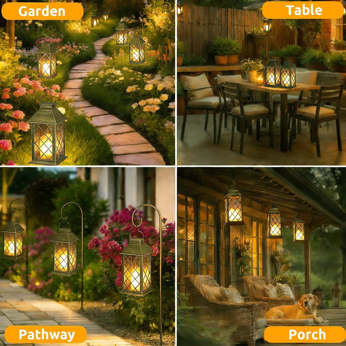 14" Large Tempered Glass Solar Lanterns Outdoor Waterproof | Bronze retro solar lantern with flickering flameless