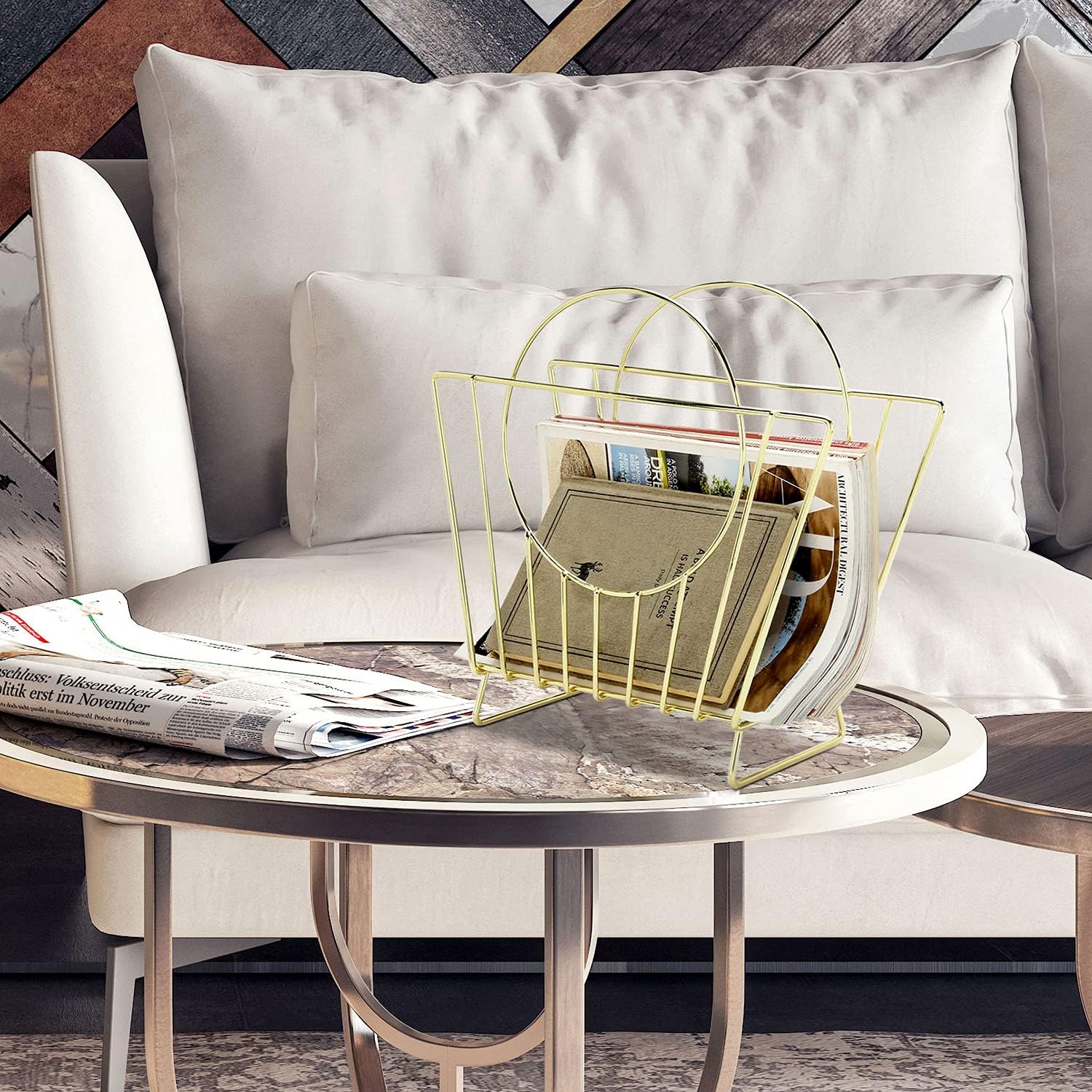 MyGift Brass Metal Magazine Holder, Mid-Century Document File Rack | Bag-inspired silhouette stores magazines, files