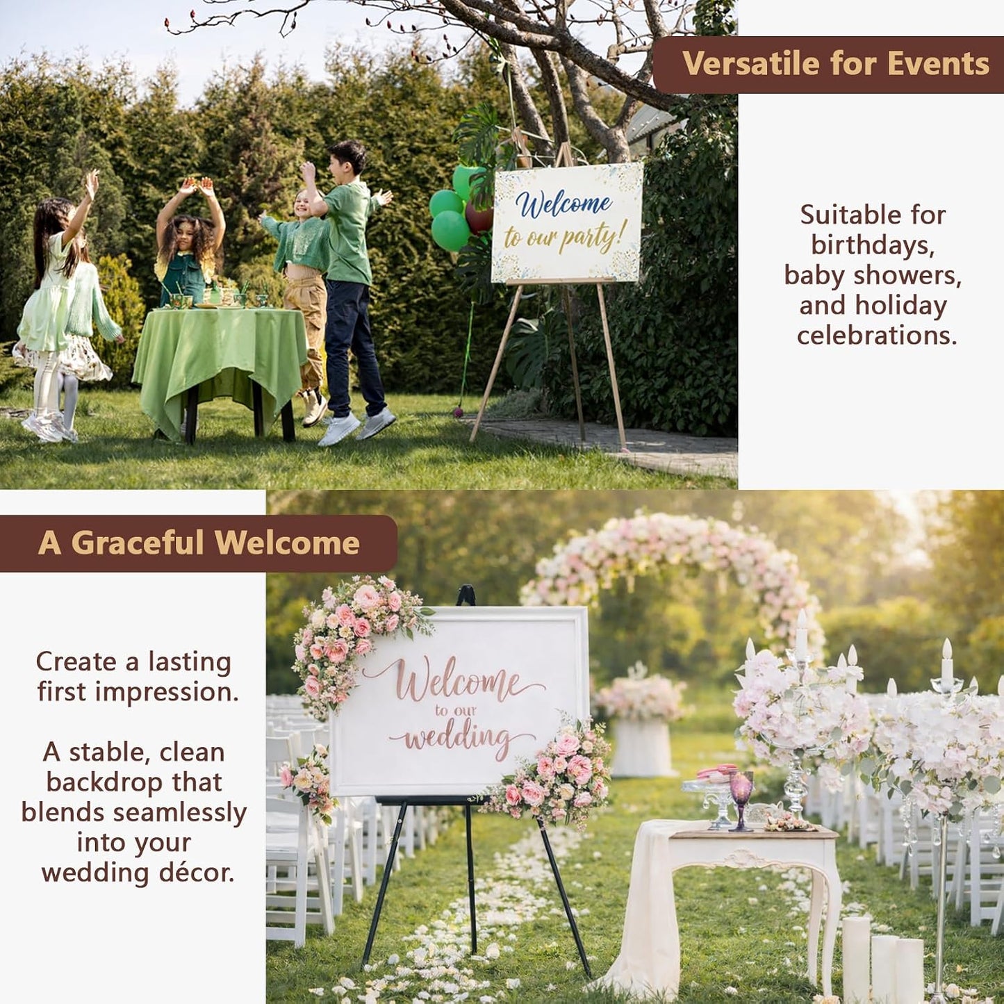 VISWIN 3Pcs 63" Gold Easel Stand for Wedding Signs, Adjustable Wooden Display Easel with Holder, Tripod Floor Easel for