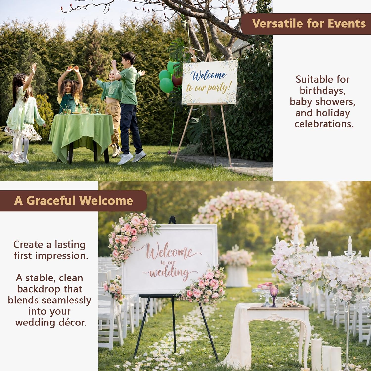 VISWIN 3Pcs 63" Gold Easel Stand for Wedding Signs, Adjustable Wooden Display Easel with Holder, Tripod Floor Easel for