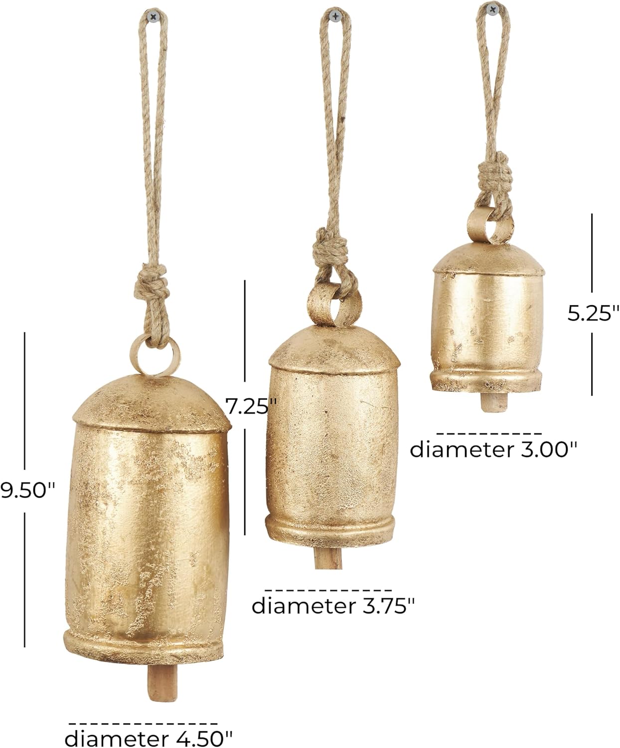 Deco 79 Metal Cow Bells, Meditation Bell, Set of 3, 10", 7", 5"H, Gold | Indoor metal art Tibetan inspired decorative