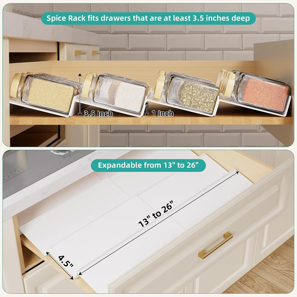 MIUKAA White Spice Drawer Organizer, 4 Tier - 8 Pack Seasoning Organizer for Drawer, Expandable From 13" to 26" Kitchen