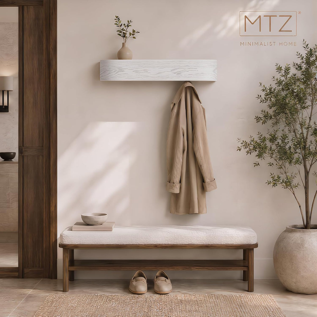 MTZ Solid Wood Wall Mounted Coat Rack with Shelf & 5 Hidden Hooks (White) | Minimalist entryway wall hook rack for