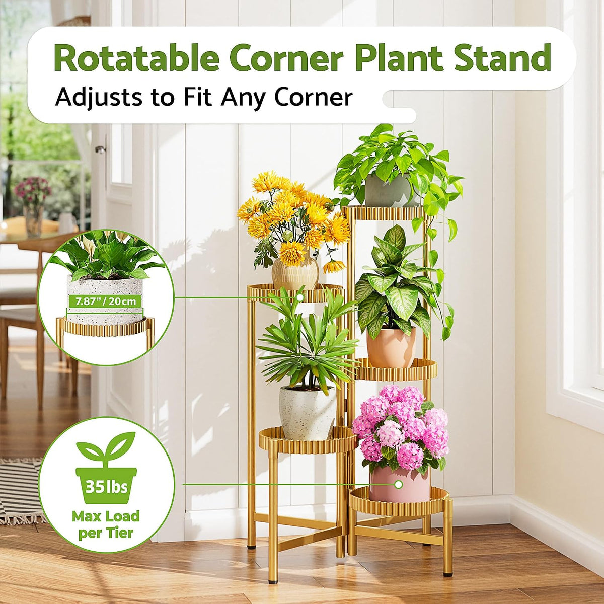 5 Tier Large Plant Stand Indoor, 7.9 Inch Wide Tall Corner Metal Plant Stands Outdoor for Multiple Plants, Foldable