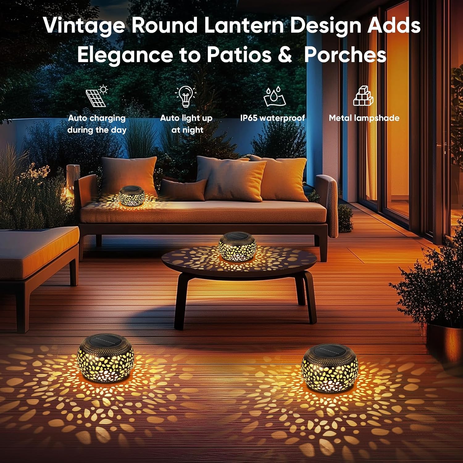 Outdoor Solar Lanterns Patio Decor: 4 Pack Bronze Waterproof Solar Lights | Hollow Out Retro Metal Garden Lantern, Warm