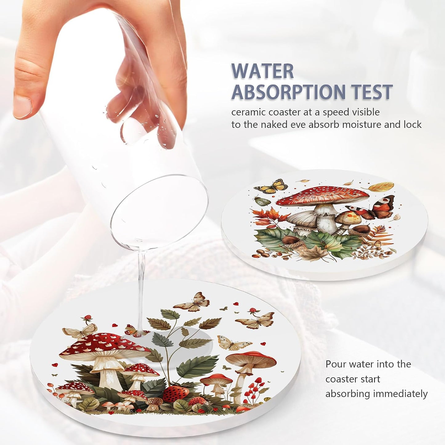 Holder / Absorbent Ceramic Drink Coaster for Tabletop / Mushroom Butterfly / Set of 6