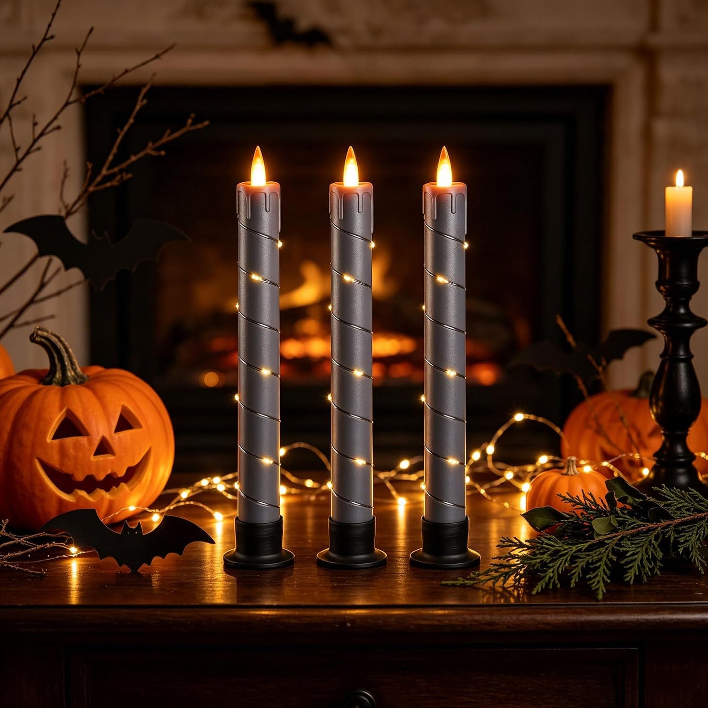 3 Pack Gray Dripping Wax Flameless Candles, Realistic Dynamic Flame LED Taper Candles with Surrounding Fairy String