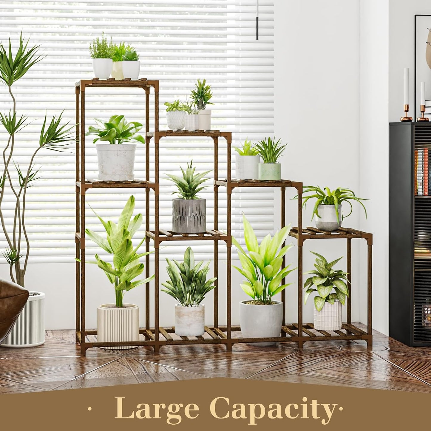 Bamworld Tall Plant Stand Indoor Wood Plant Shelf Outdoor Tiered Plant Rack | for Multiple Plants 4 Tiers 10 Pots