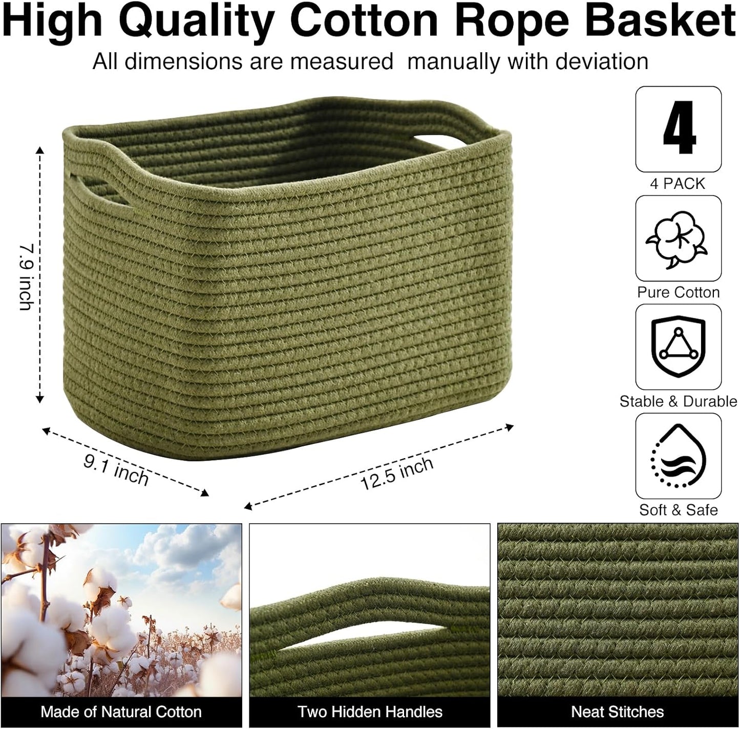 Woven Cotton Rope Baskets for Storage / Green