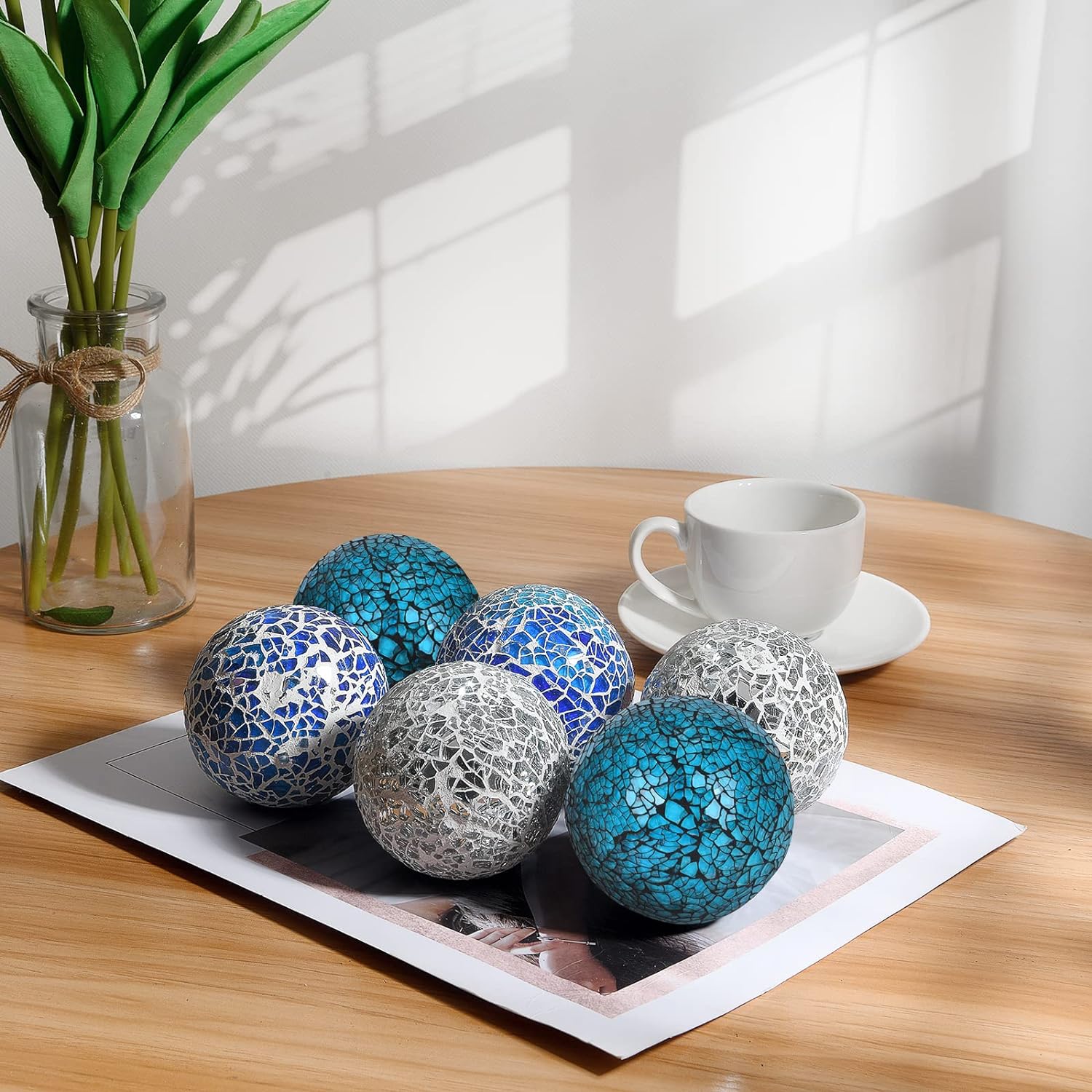 6cm/ Mosaic Glass Orbs Centerpiece Balls for Decorate Tables Wedding / Silver / 2.4 Inch / Set of 6