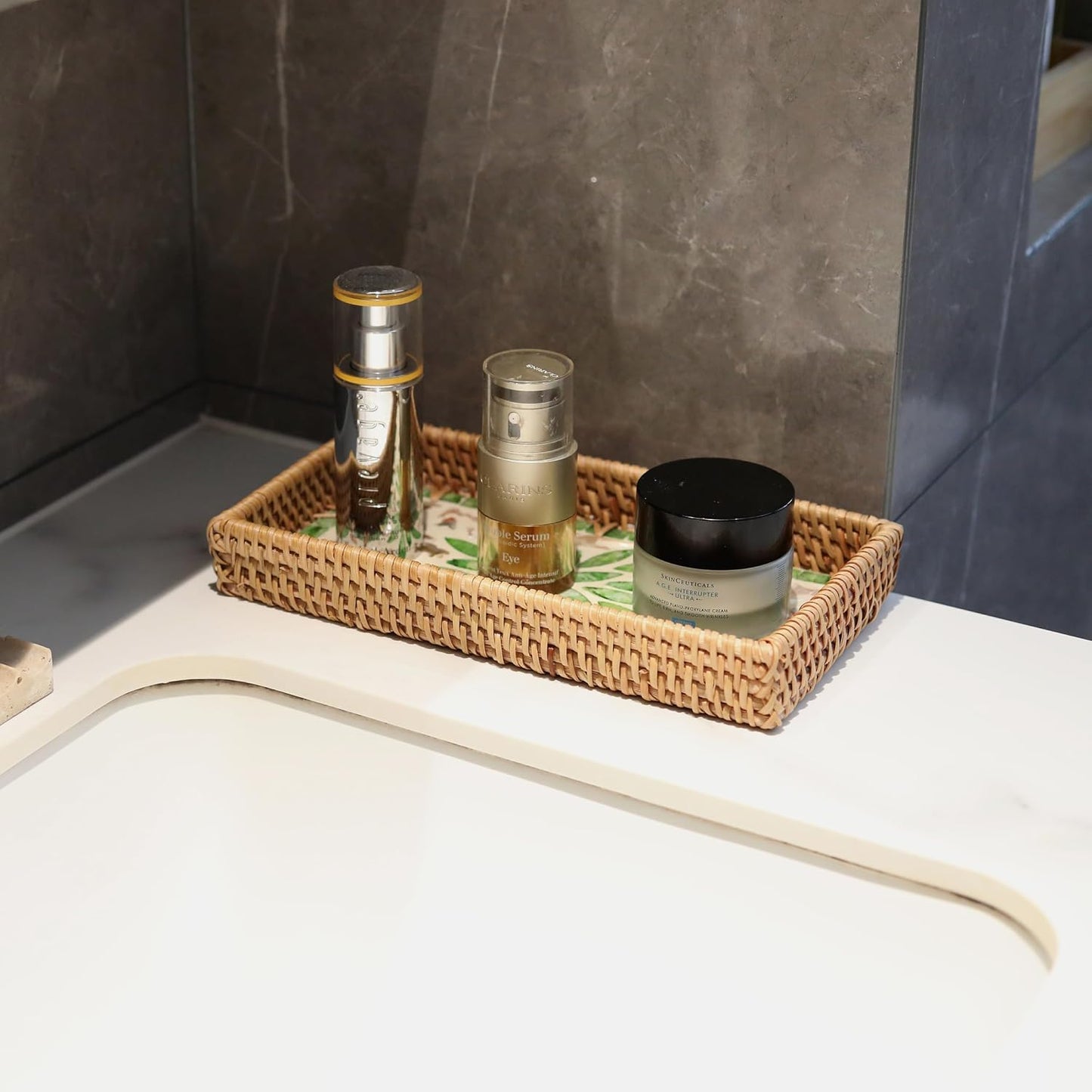 Rattan Bathroom Vanity Tray / Green Leaves / Set of 2