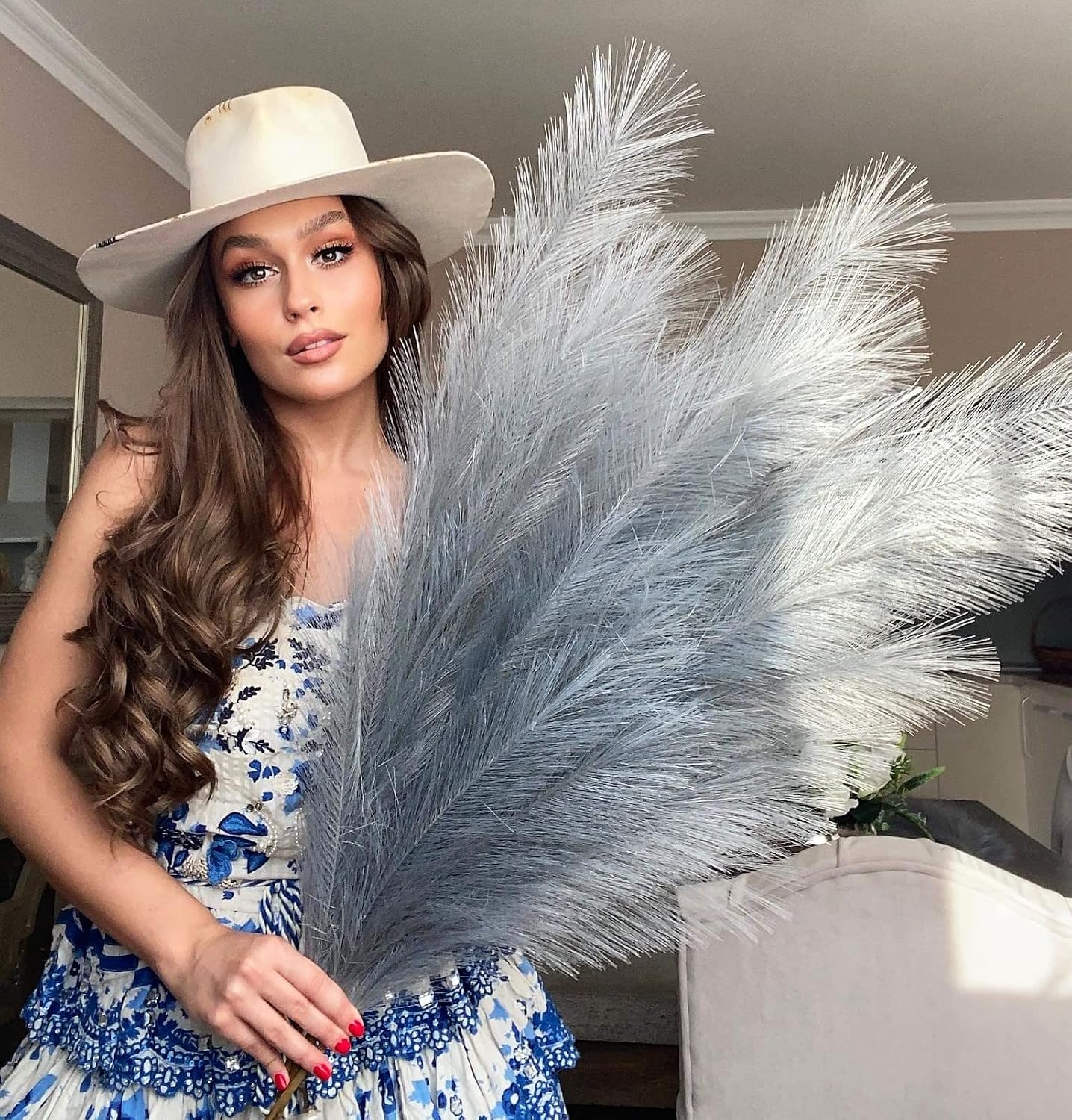 Light Fake Artificial Faux Pampas Grass Large Bundle 3 Tall 45" Extra Fluffy Stems / Grey Gray