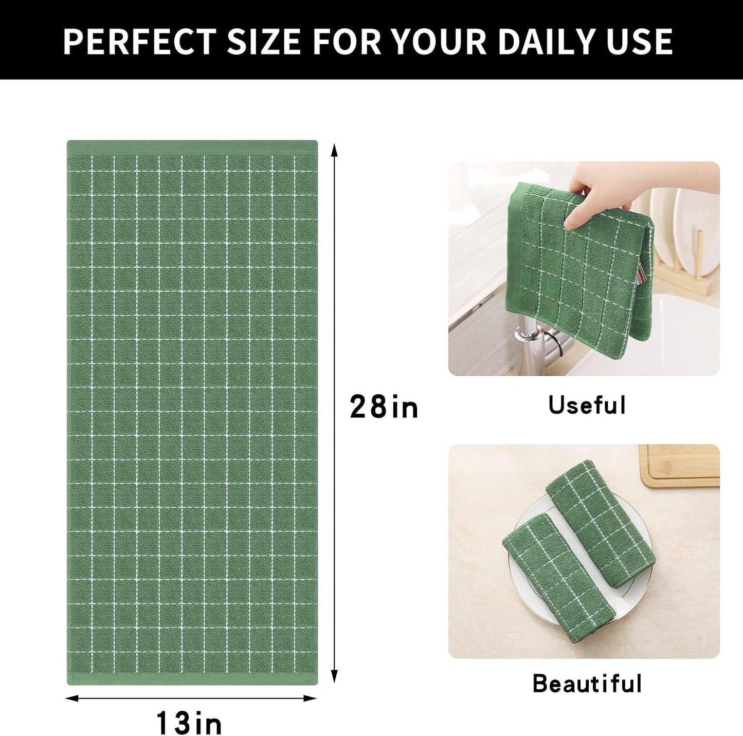 Homaxy 100% Cotton Terry Kitchen Towels, 8 Pack, Grass Green | Ultra Soft and Absorbent Dish Towels for Kitchen